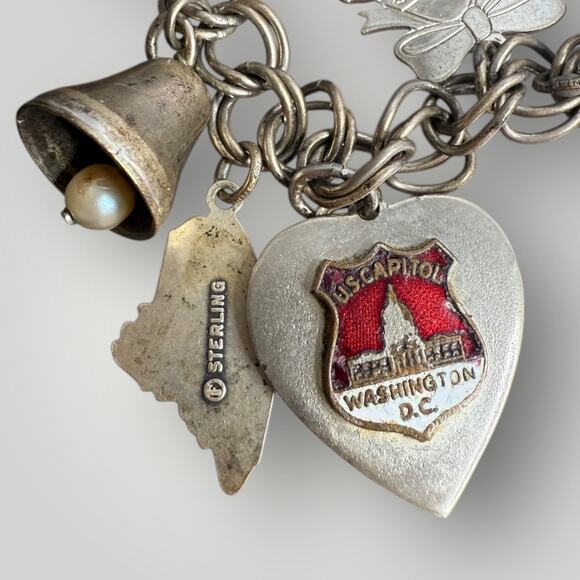 Vintage Sterling Silver Charm Bracelet  sz 7 Personalized Silhouette Charms 13pc - Picture 8 of 12